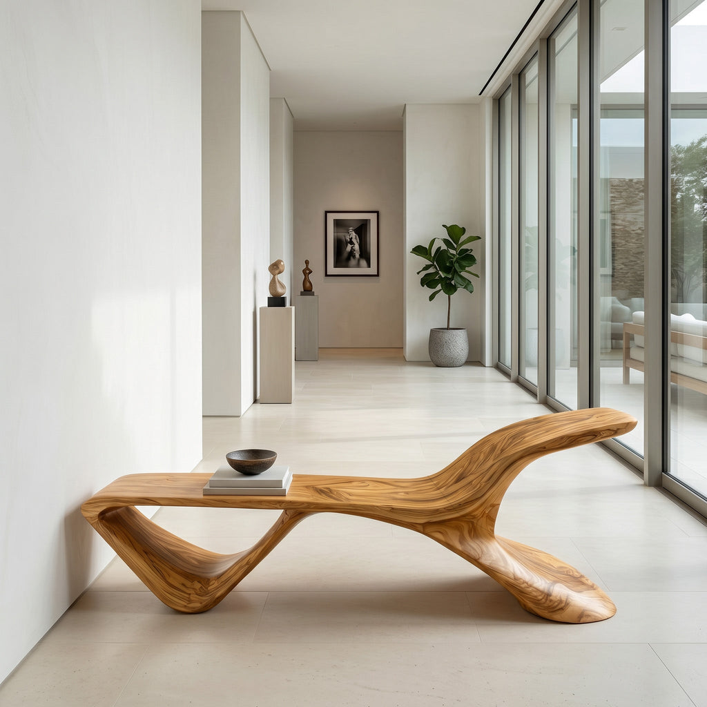 Organic Modern Curved Bench, solid wood, built to order