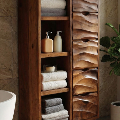 Contemporary Bathroom Cabinet with Open Shelves and Drawers for Spa, solid wood, built to order
