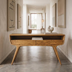 Mid Century Curved Console Table with Drawers, solid wood, built to order