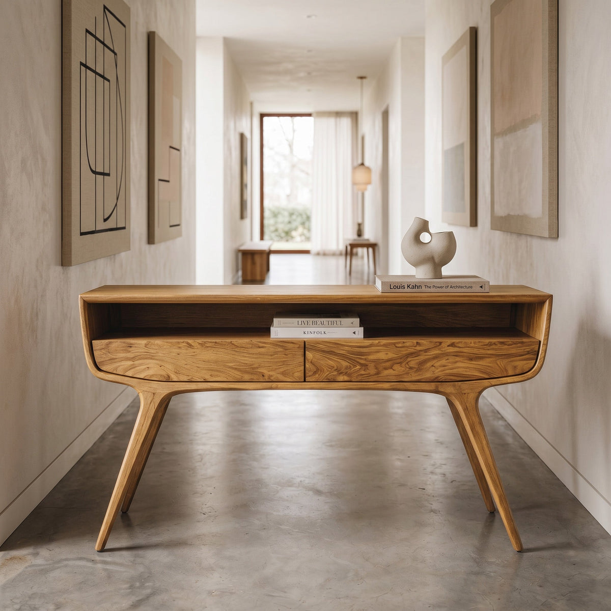 Mid Century Curved Console Table with Drawers, solid wood, built to order