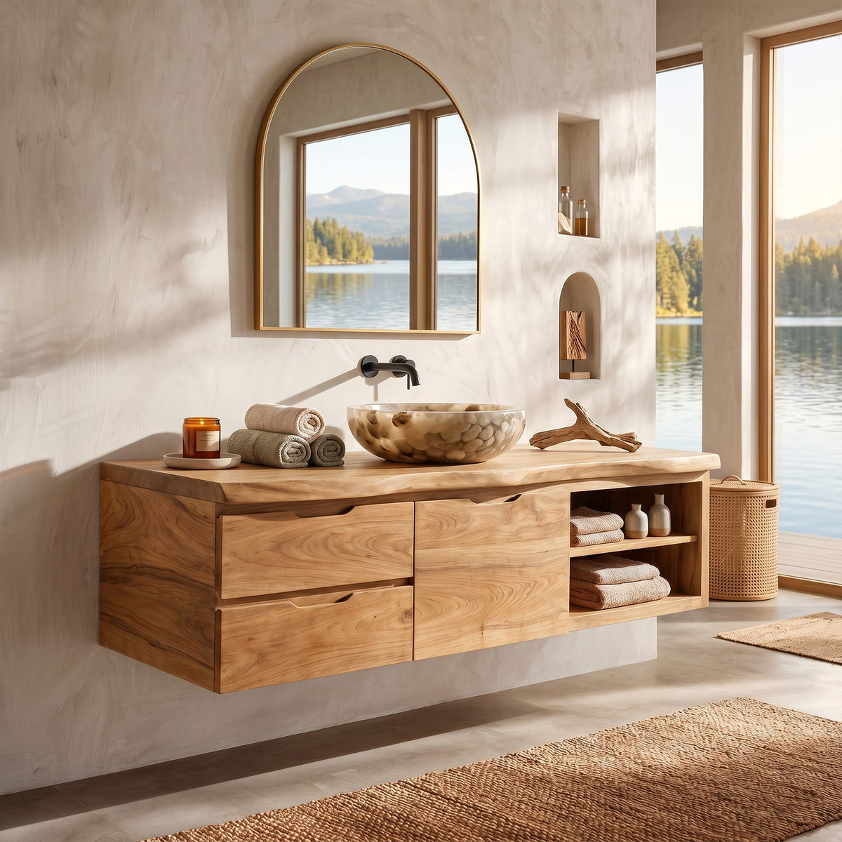 Japandi Wall Mounted Vanity Urban Loft Bathroom, solid wood, built to order