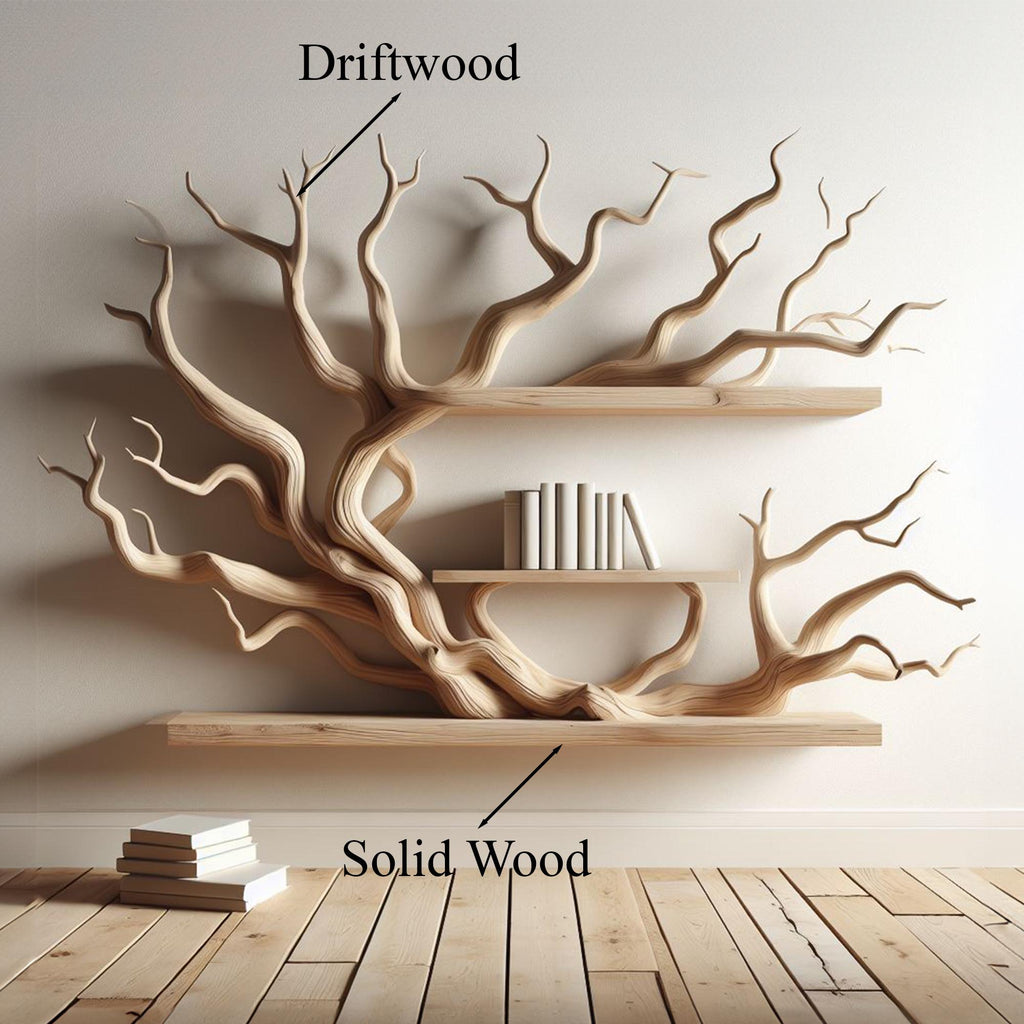 Tree Branch Floating Corner Shelf Mini Bookcase Driftwood, solid wood, built to order