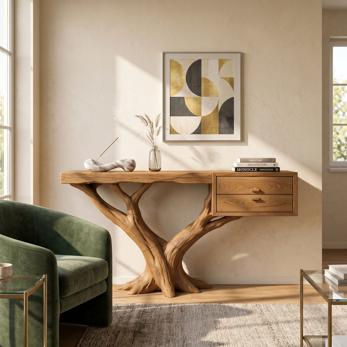 Contemporary Floating Tree Console Table Hallway, solid wood, built to order