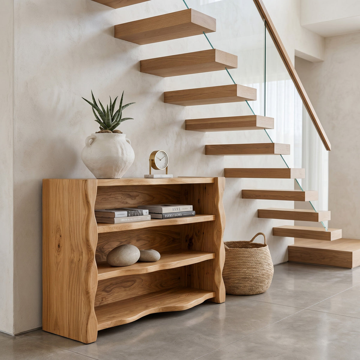 Organic Wavy Console Table with Three Tiers, solid wood, built to order