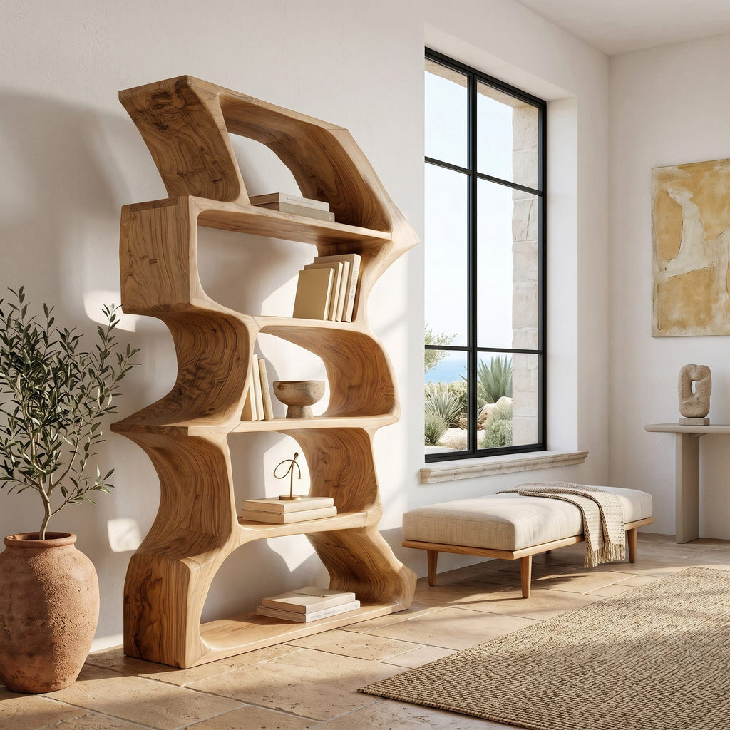 Organic Farmhouse Wooden Curved Bookshelf for Living Room, solid wood bookcase