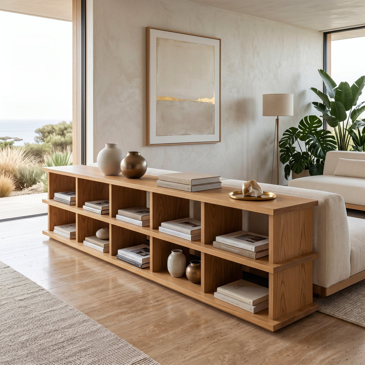 Modern Long Wooden Bookshelf for Living Room Storage, solid wood bookcase