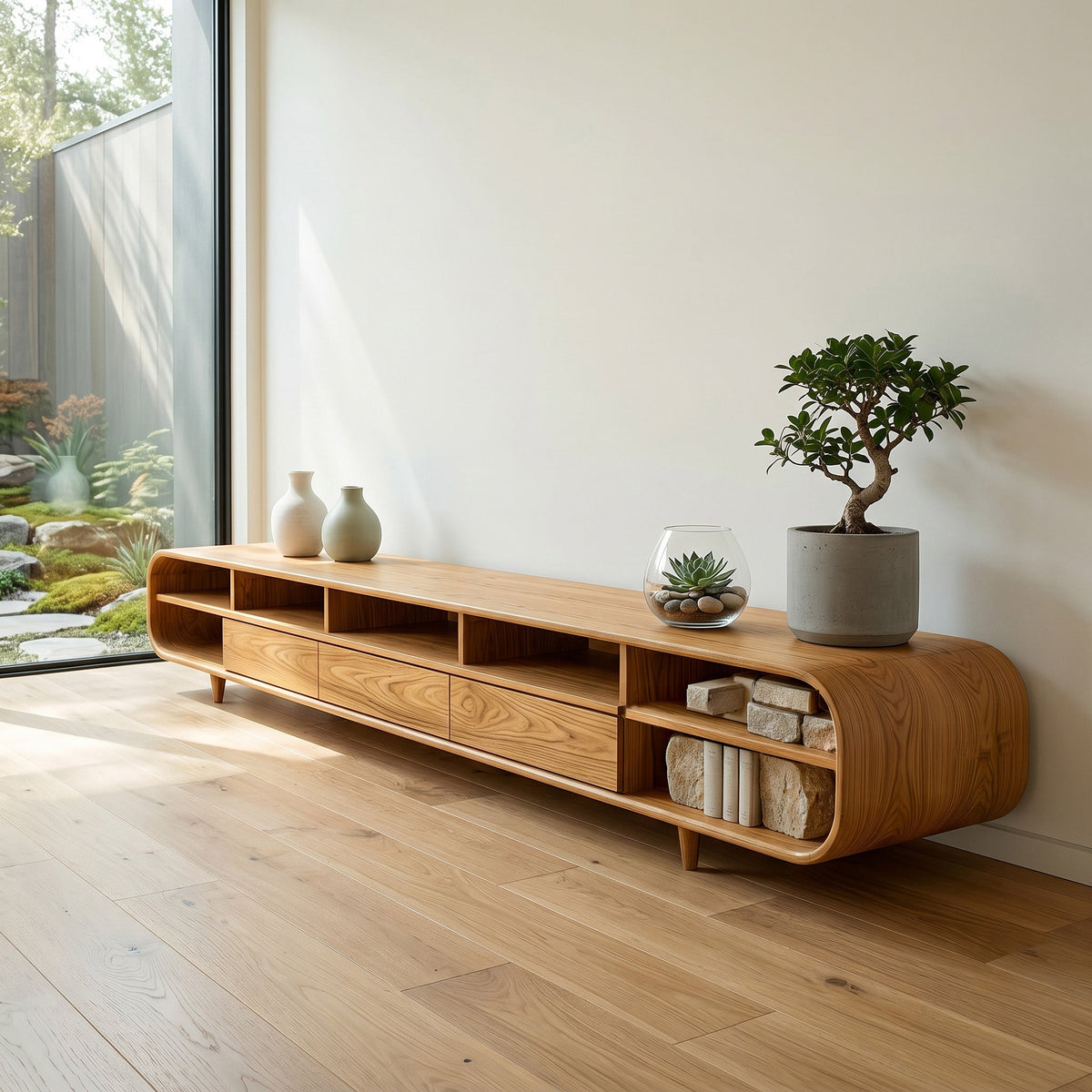 Mid Century Wooden TV Cabinet with Multiple Compartments, solid wood, built to order