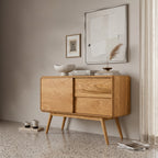 Mid Century Rounded Console Table with Compartments, solid wood, built to order