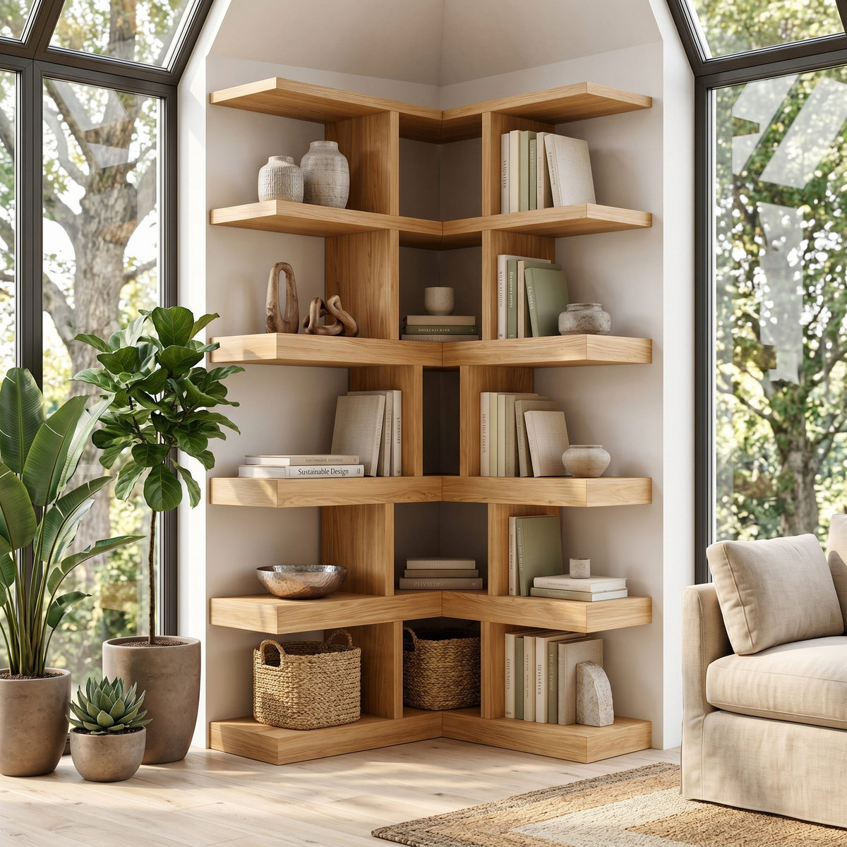 Contemporary Corner Bookcase, solid wood, built to order
