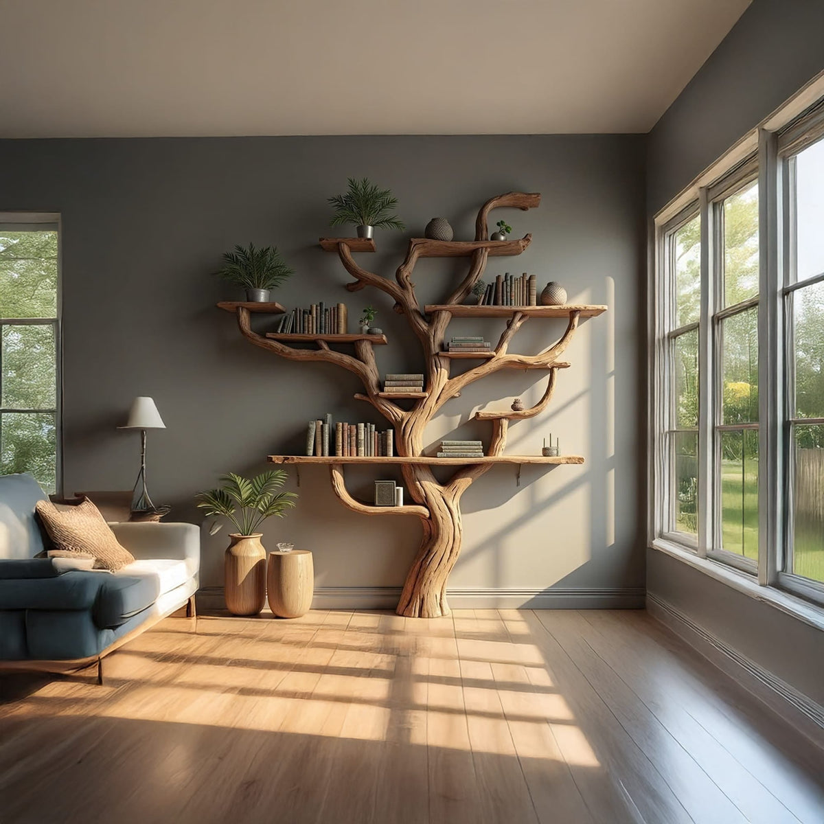 Corner Branch Shelf Wood Bookcase Wall Mounted, solid wood, built to order