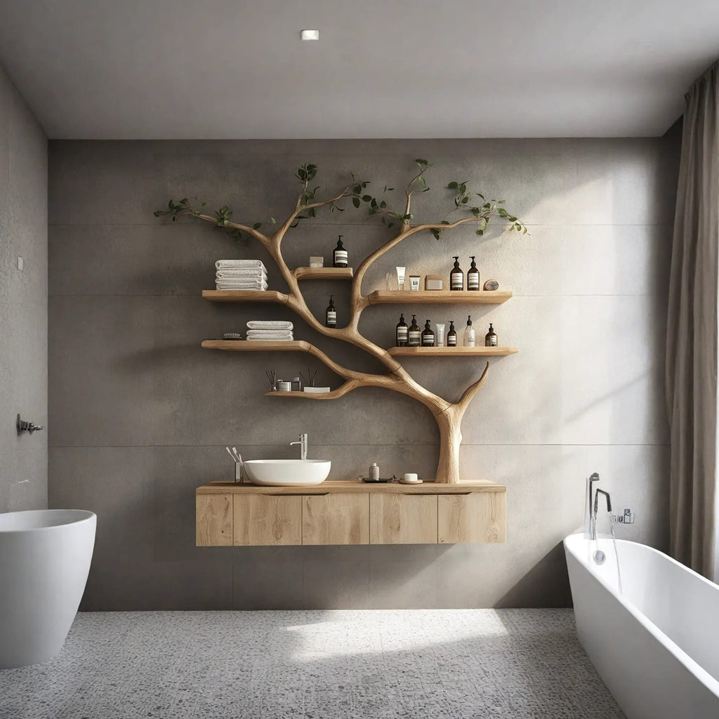 Tree Branches Rustic Bathroom Vanity with Sink Floating Shelves, solid wood, built to order