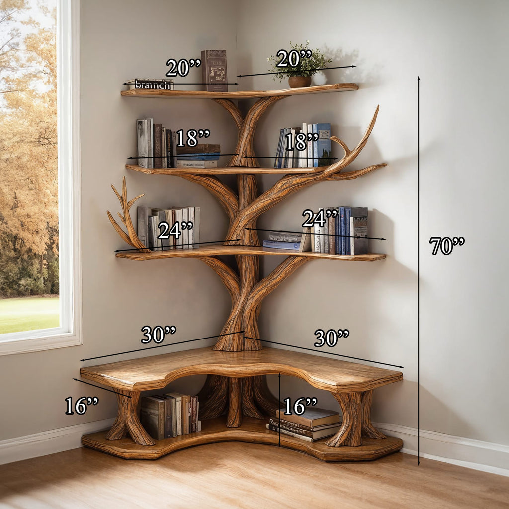 Tree Bookshelf with Corner Bench Lshaped Bench Driftwood Branch, solid wood, built to order