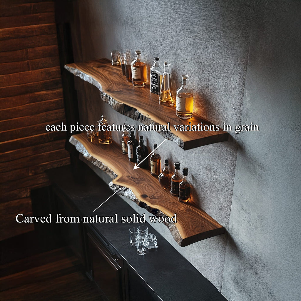 Handcrafted Live Edge Bar Shelf Dining Room Interior Storage, solid wood, built to order