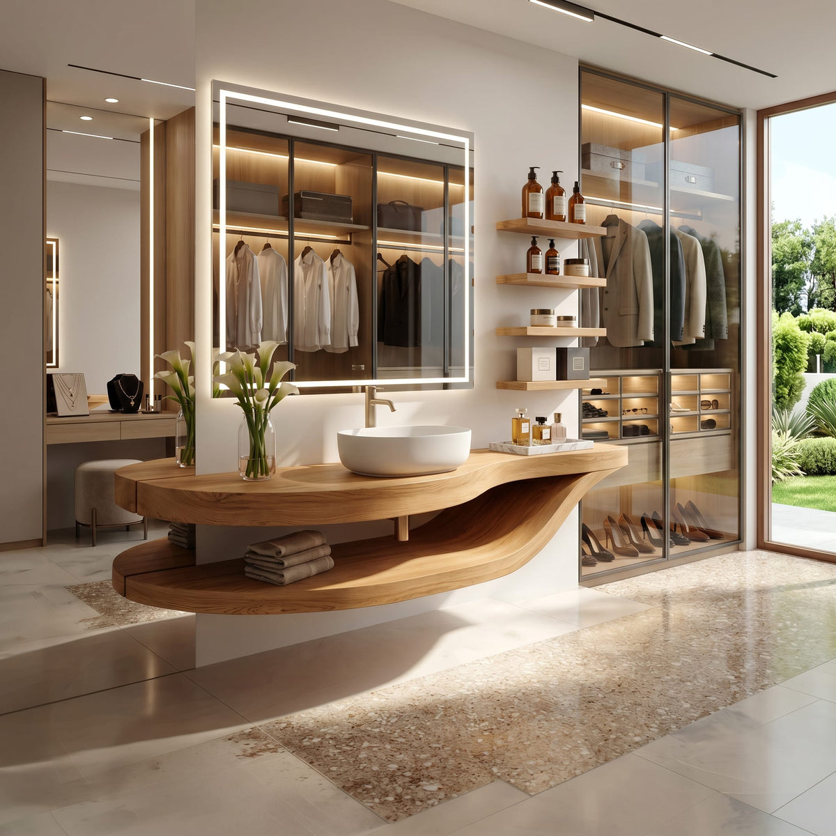 Open Shelf Vanity Cabinet Resort Suite, solid wood, built to order