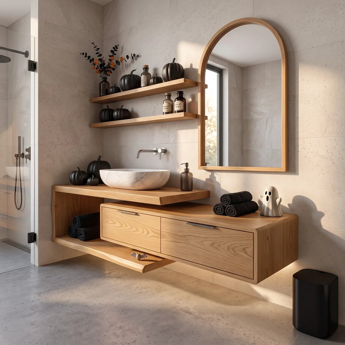 Handcrafted Mid Century Floating Vanity Primary Ensuite, solid wood, built to order