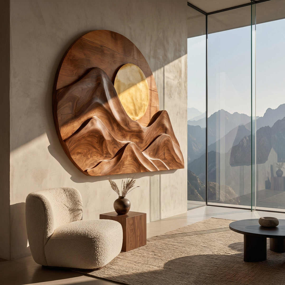 Handcrafted Mountain Sun Wall Art, solid wood, built to order