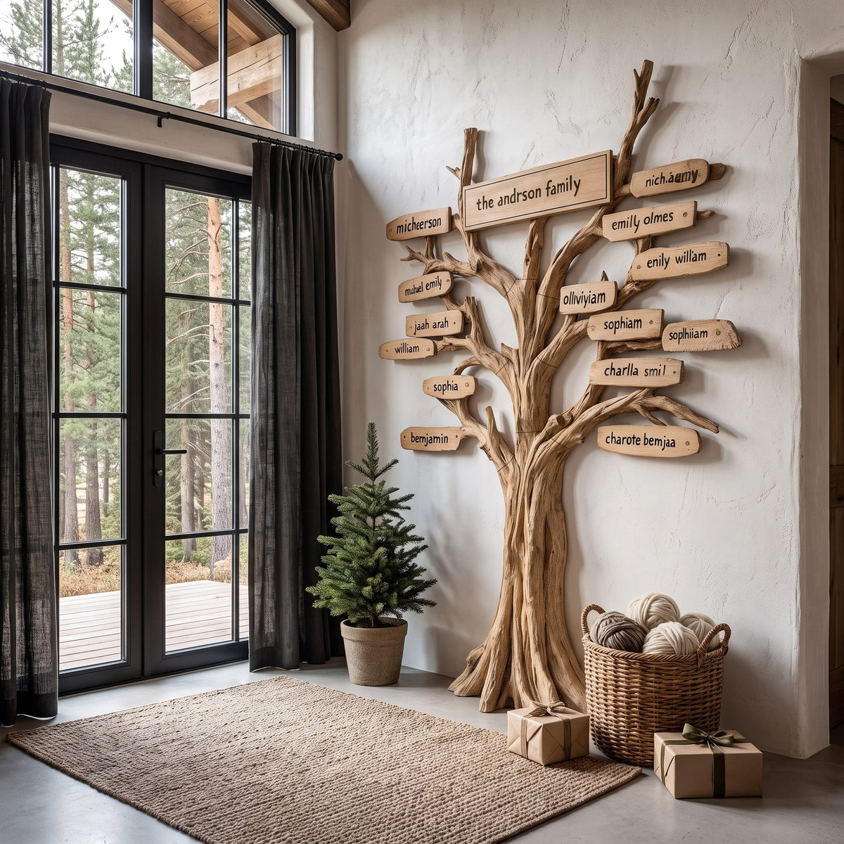 Contemporary Family Tree Wall Art with Custom Name Plaques, solid wood, built to order