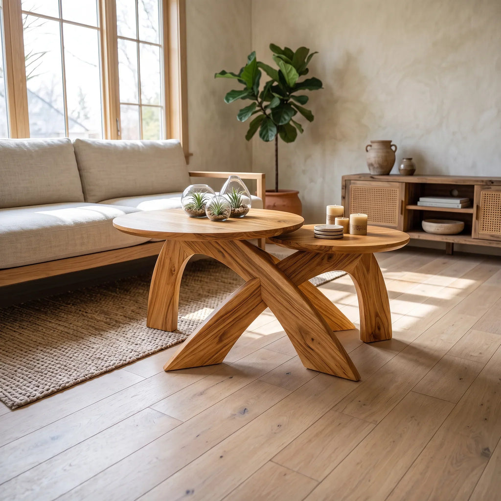 Mid Century Round Coffee Table Biophilic Living Room, solid wood, built to order