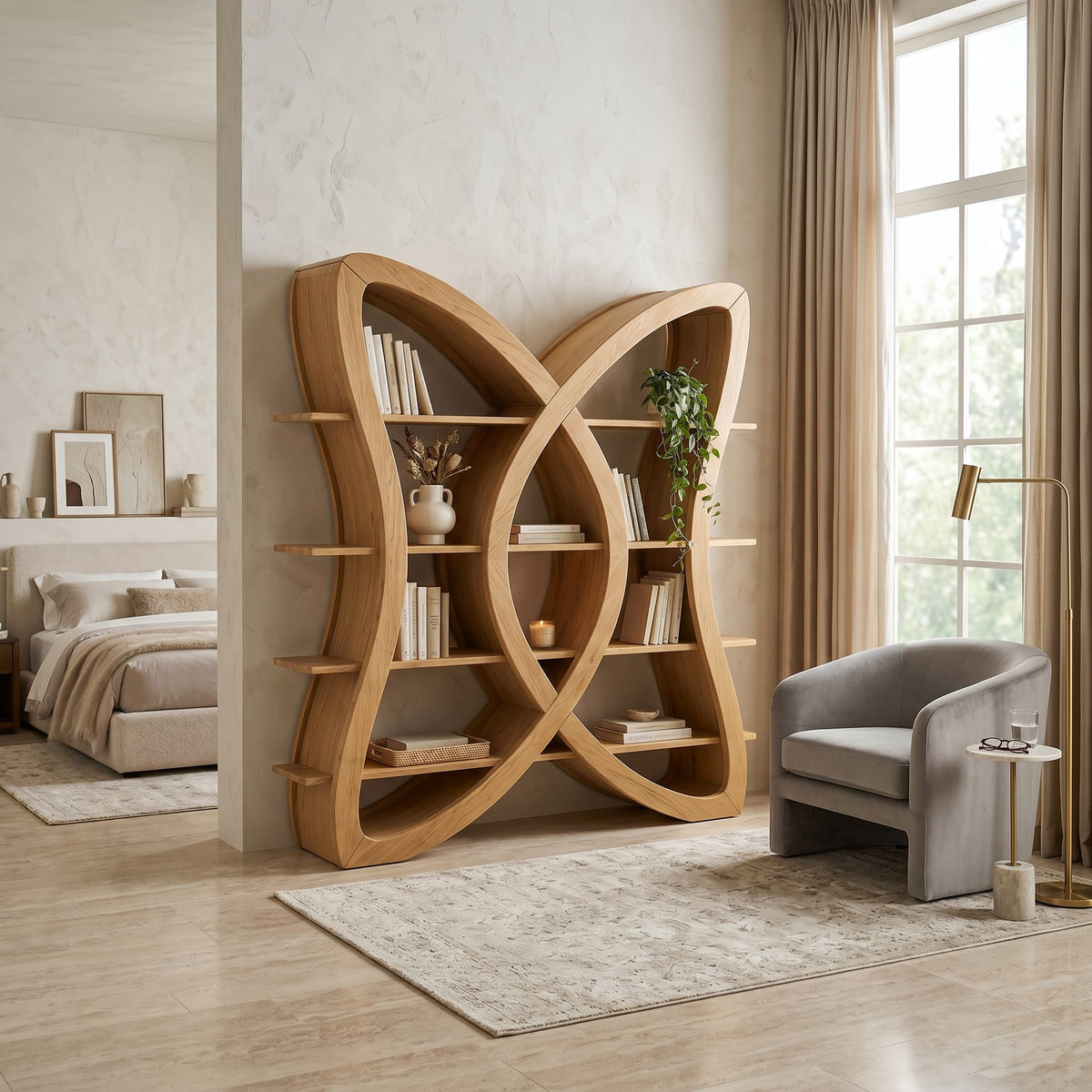 Butterfly Inspired Wooden Bookcase in Organic Style, solid wood, built to order
