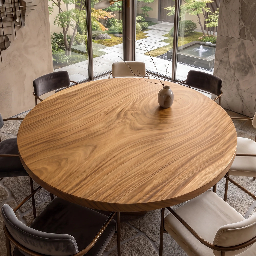 Mid Century Round Dining Table Top Garden View, solid wood, built to order