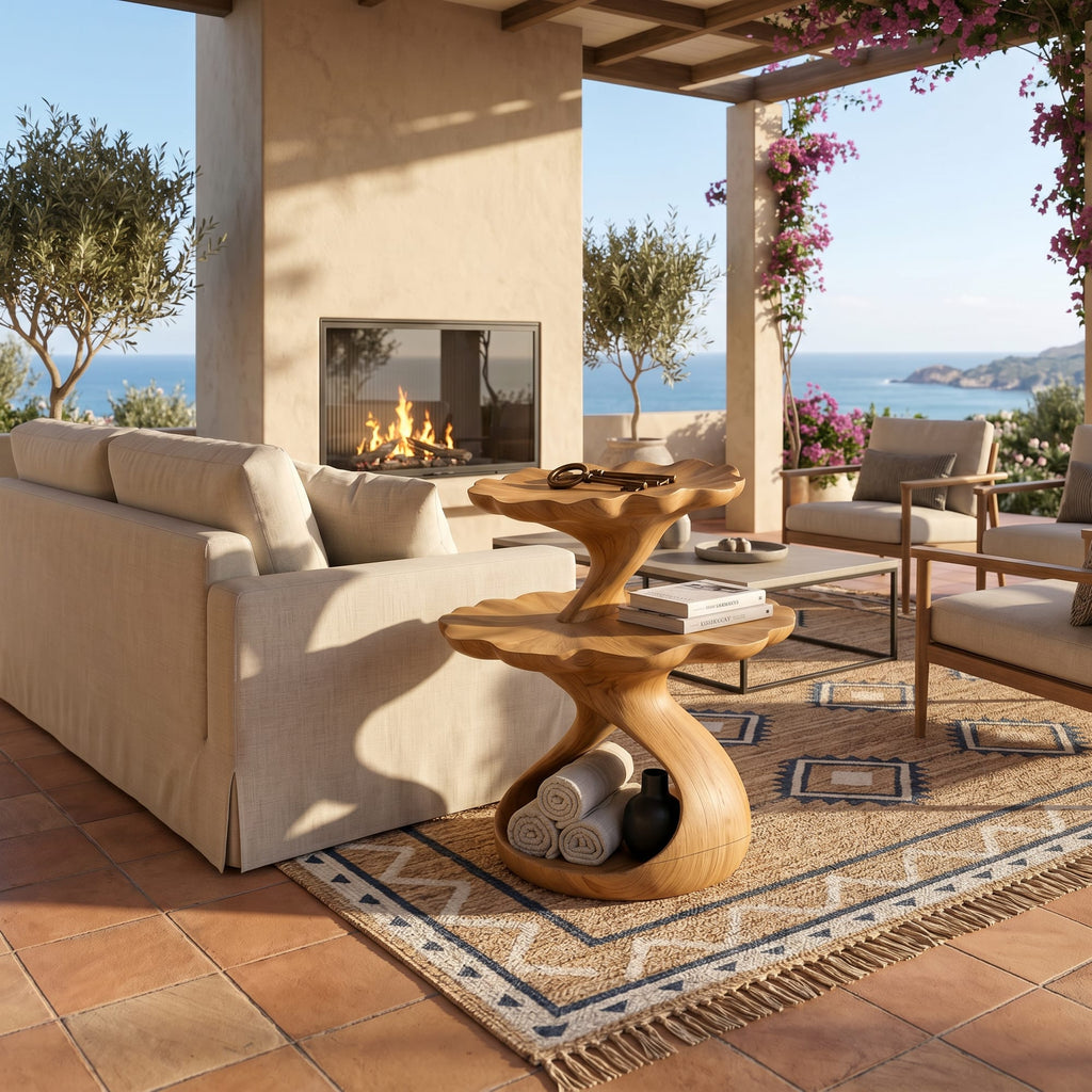 Mediterranean Two Tier Side Table Courtyard Living Room, solid wood, built to order