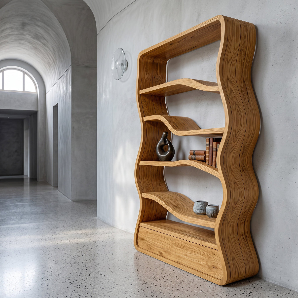 Modern Curved Bookshelf, solid wood, built to order