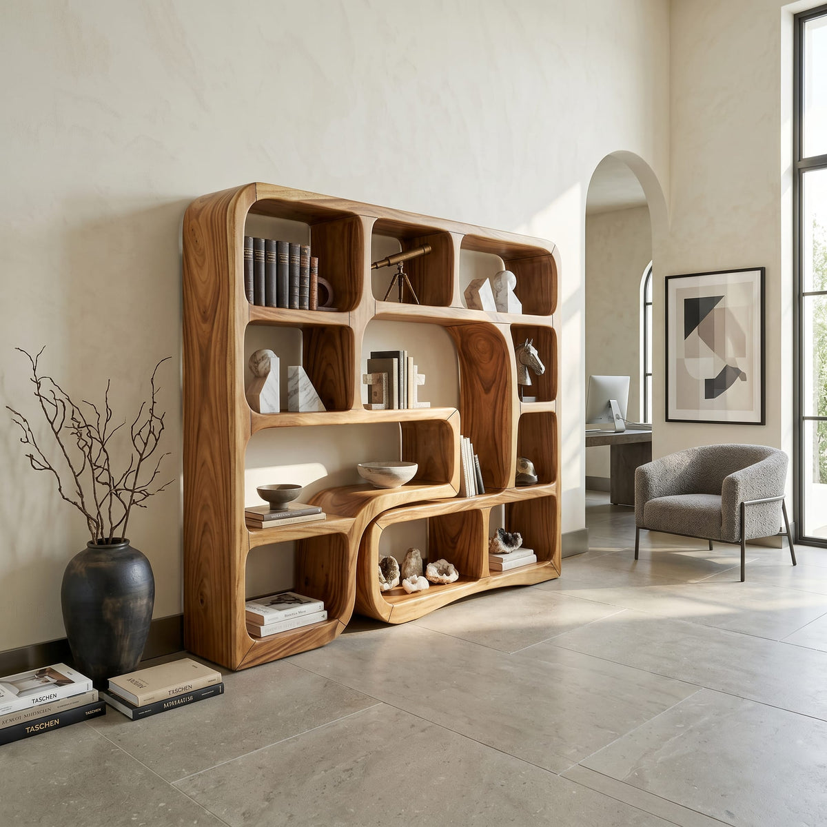 Wooden Bookcase with Organic Wave Design, solid wood, built to order