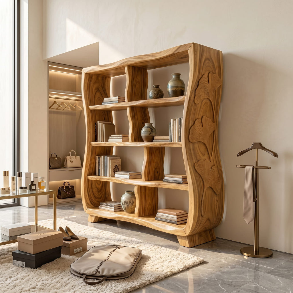 Handcrafted Bookshelf with Ginkgo Leaf Accents, solid wood, built to order
