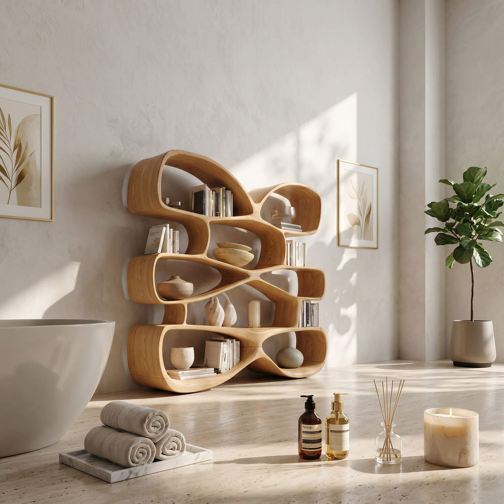 Contemporary Biomorphic Bookshelf in Fluid Design, solid wood, built to order