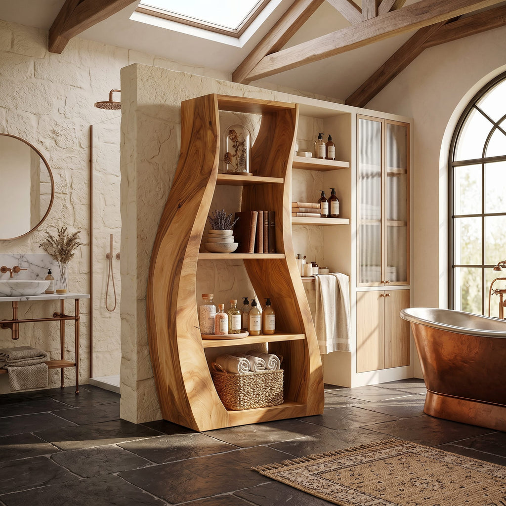 Minimalist Sculpted Accent Shelf with Flowing Silhouette, solid wood, built to order