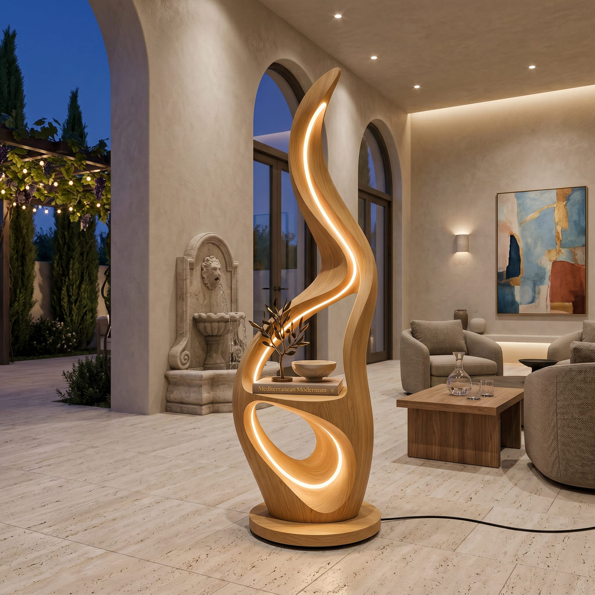 Contemporary Ring Lamp with Table, solid wood, built to order