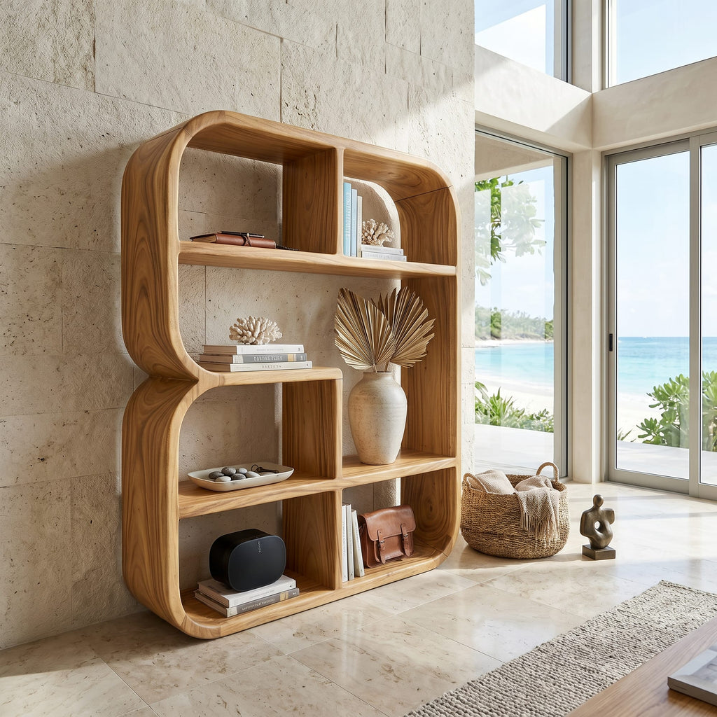 Modern Curved Bookshelf in Style, solid wood, built to order