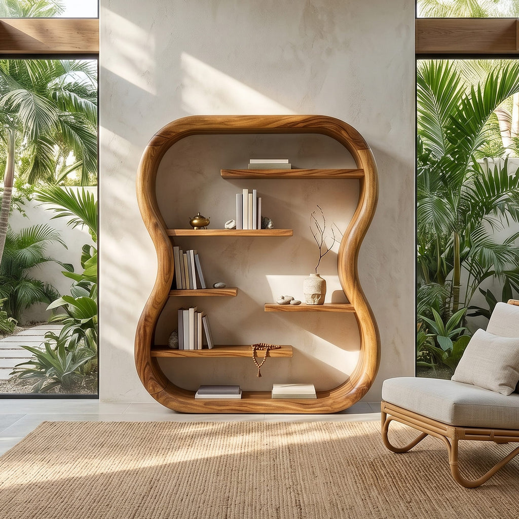 Contemporary Organic Bookshelf with Curved Frame, solid wood, built to order