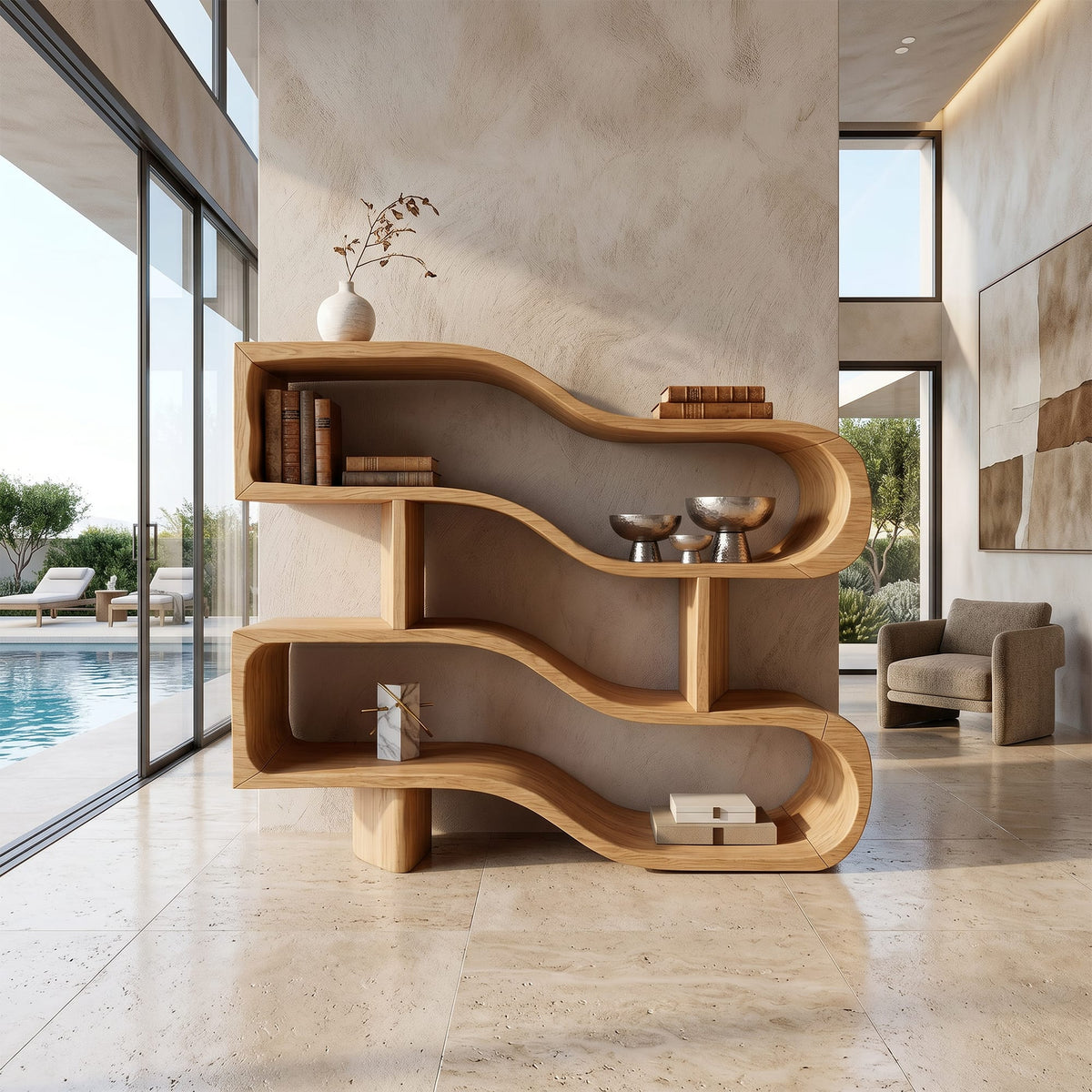 Modern Architectural Display Shelf with Floating Curves, solid wood, built to order