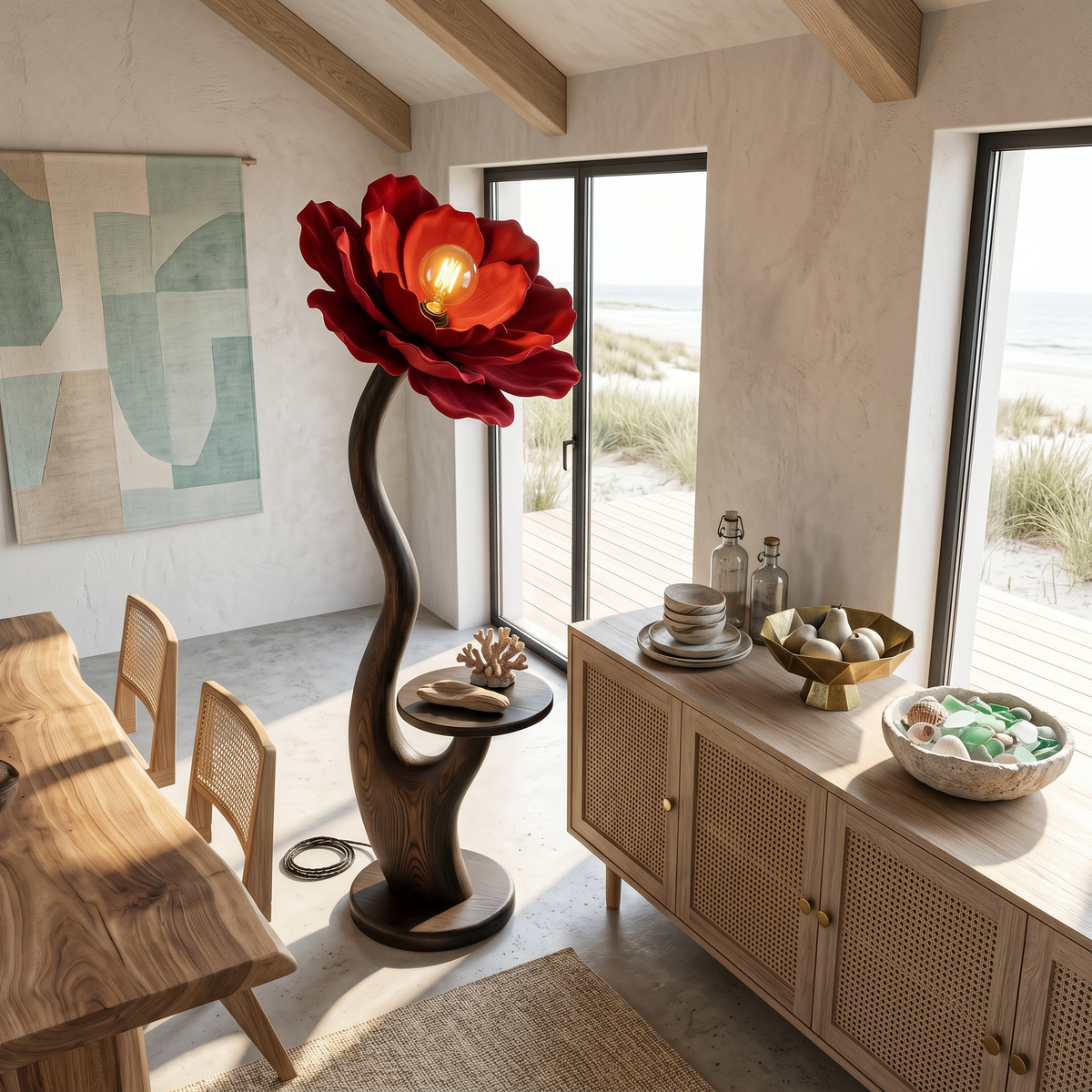 Organic Floor Lamp with Built in Bedside Table and Flower Shade, solid wood, built to order, view 3