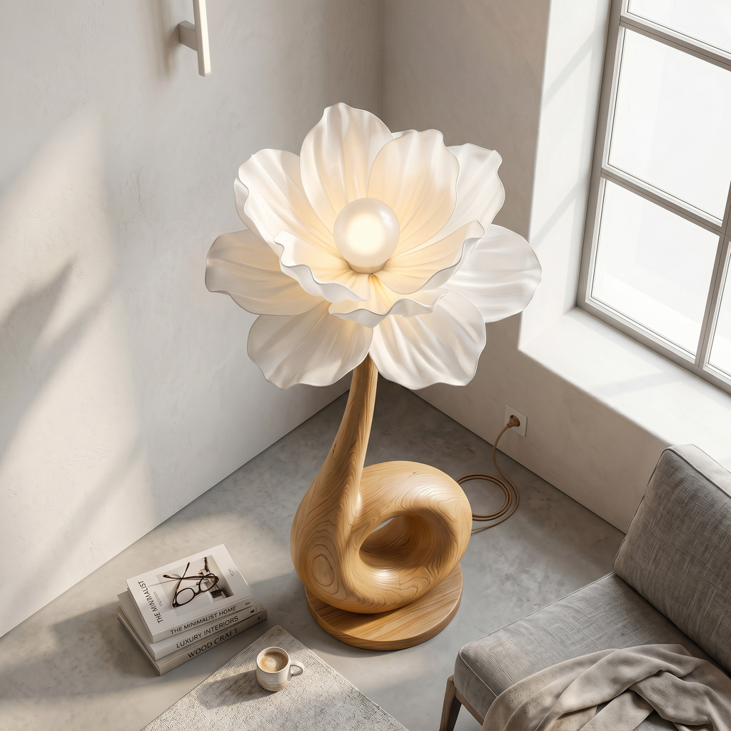 Modern Floor Lamp with Sculptural Loop Base and Floral Shade, solid wood, built to order, view 2