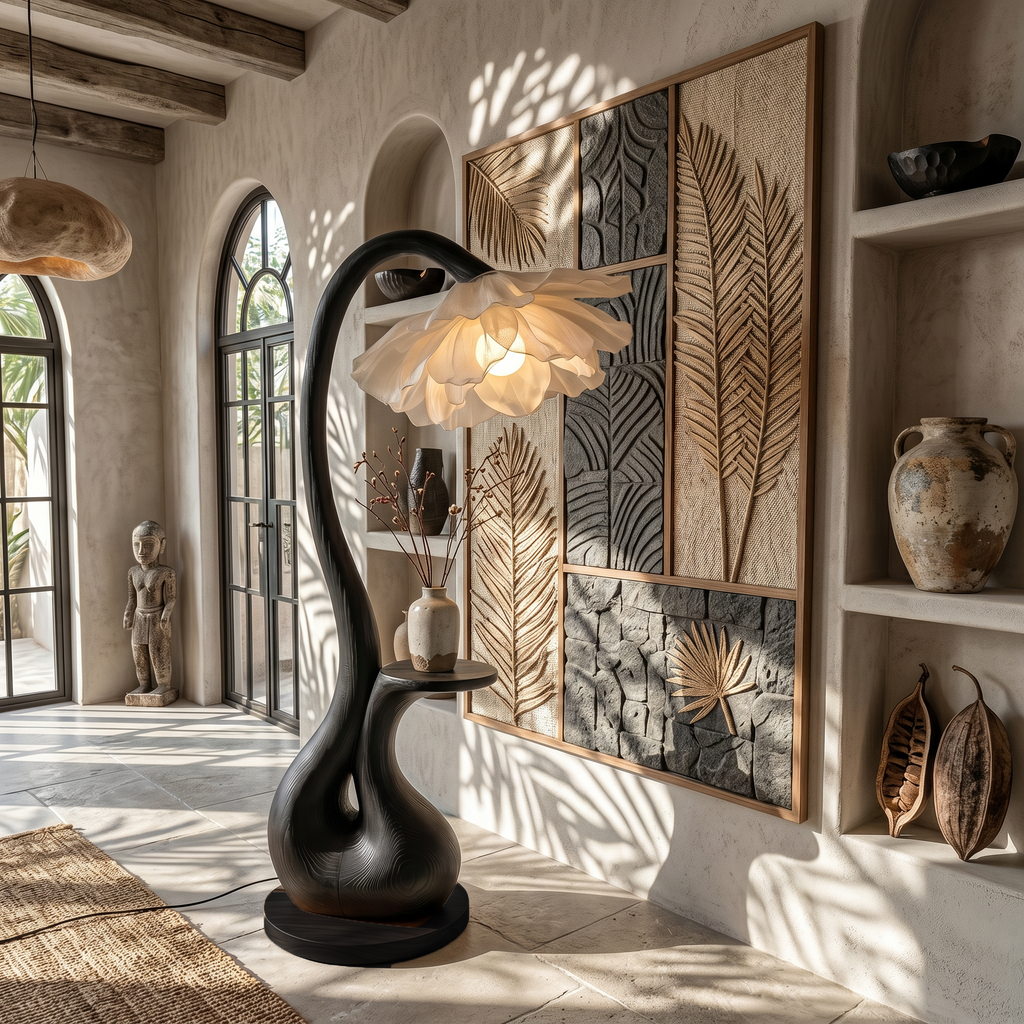 Modern Floor Lamp with Sculptural Curved Base and Display Shelf, solid wood, built to order, view 3