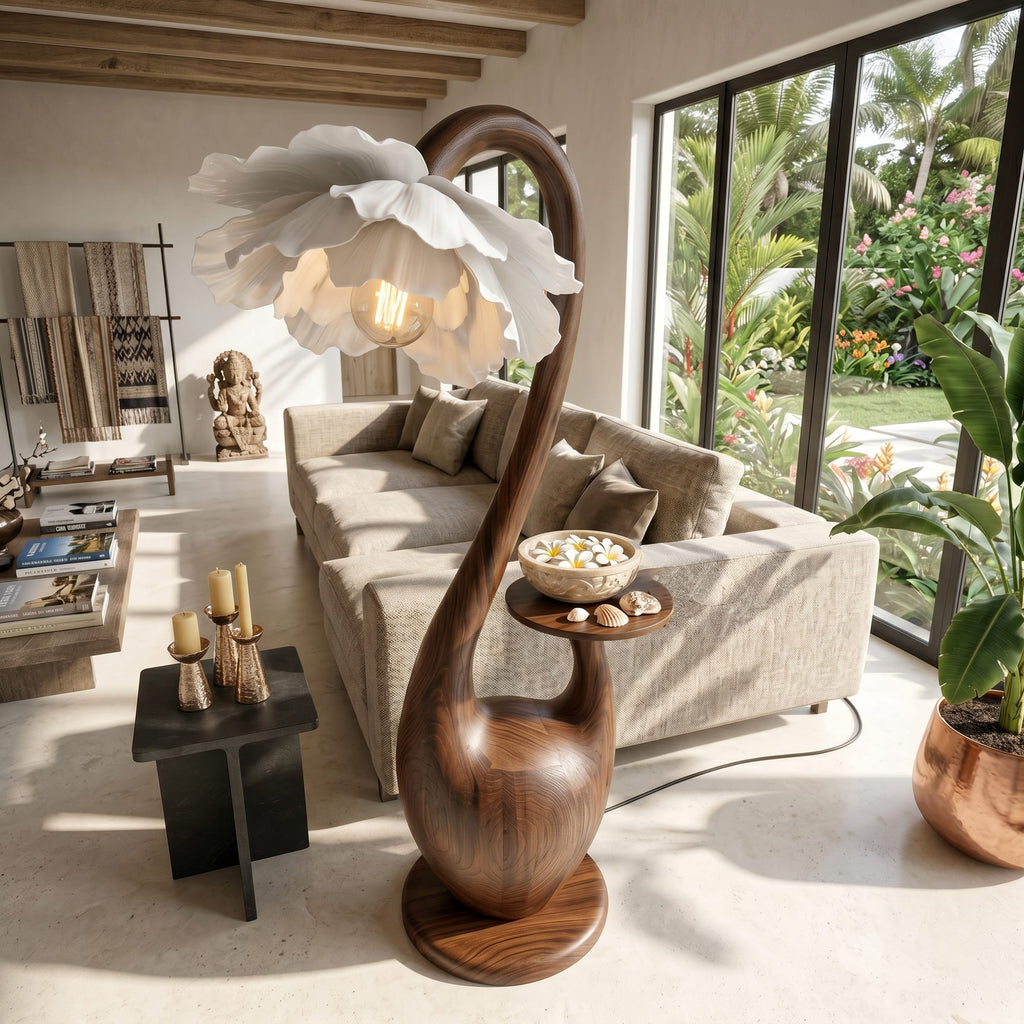 Artistic Floor Lamp with Sculptural Organic Base and Integrated Shelf, solid wood, built to order