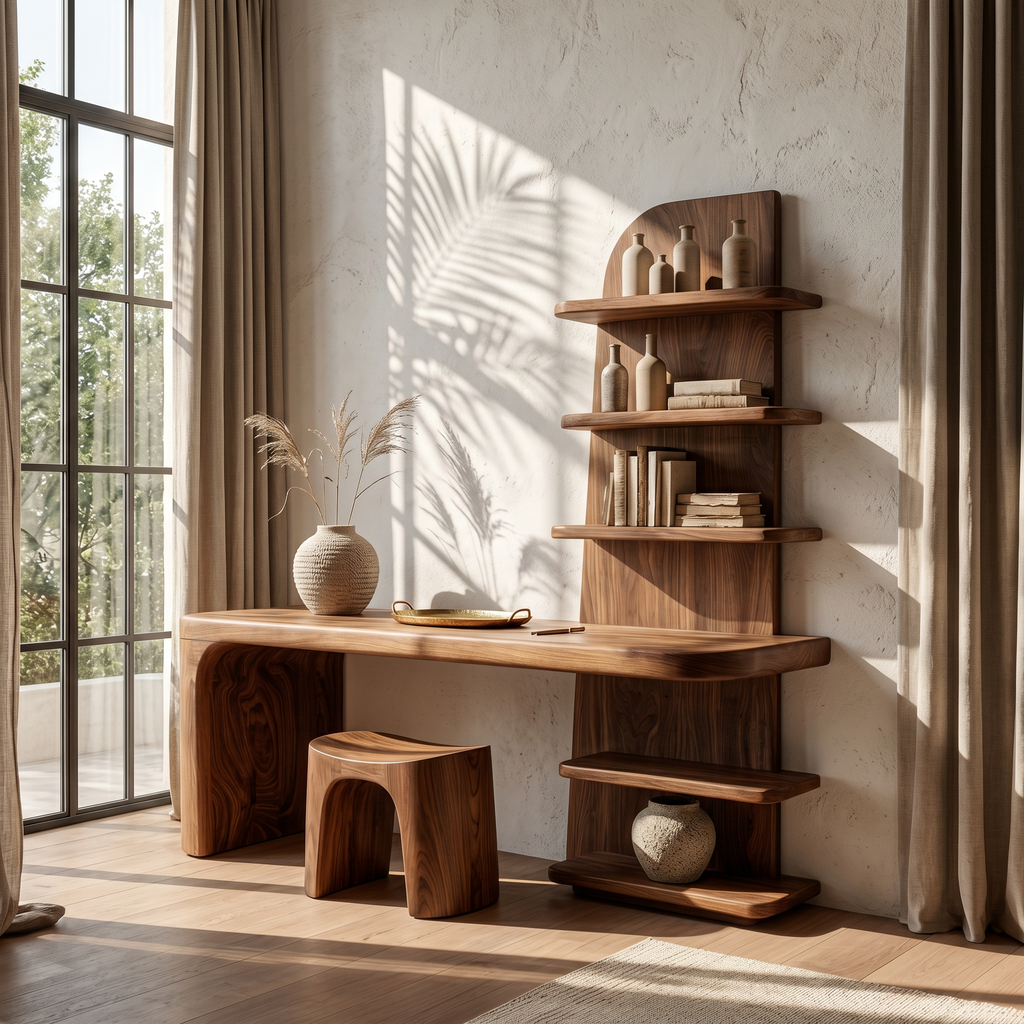 Minimal Desk with Built in Bookcase and Drawers, solid wood, built to order, view 3