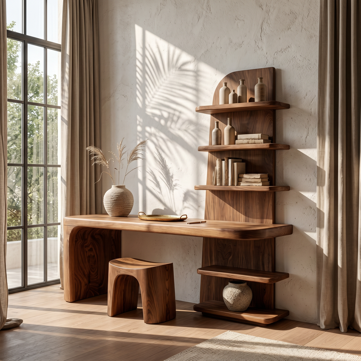 Minimal Desk with Built in Bookcase and Drawers, solid wood, built to order, view 3