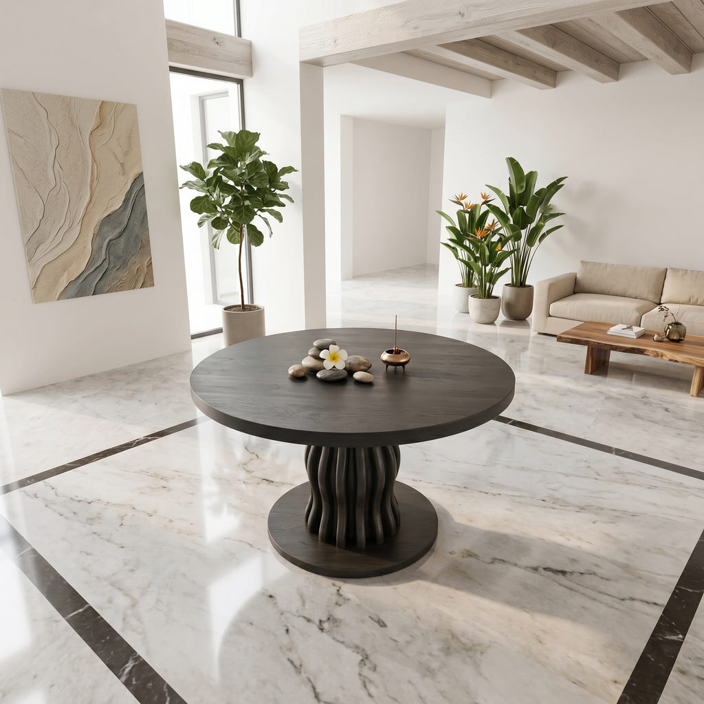 Contemporary Round Entryway Table with Wavy Vertical Form, solid wood, built to order