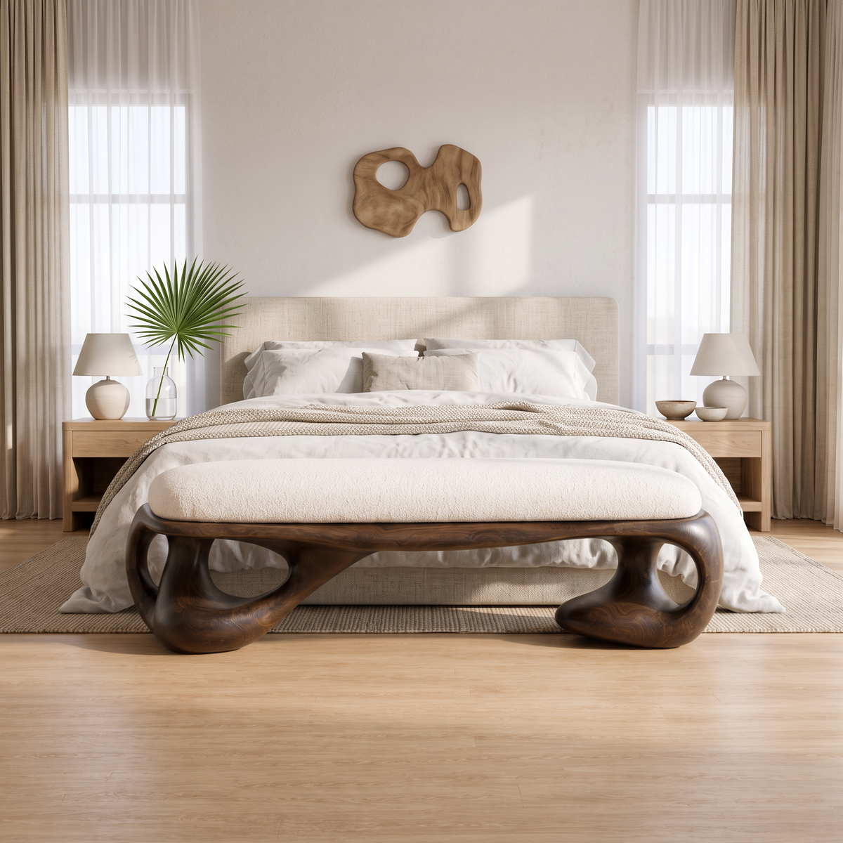 Modern Upholstered Bench with Sculptural Curved Frame, solid wood, built to order, view 2