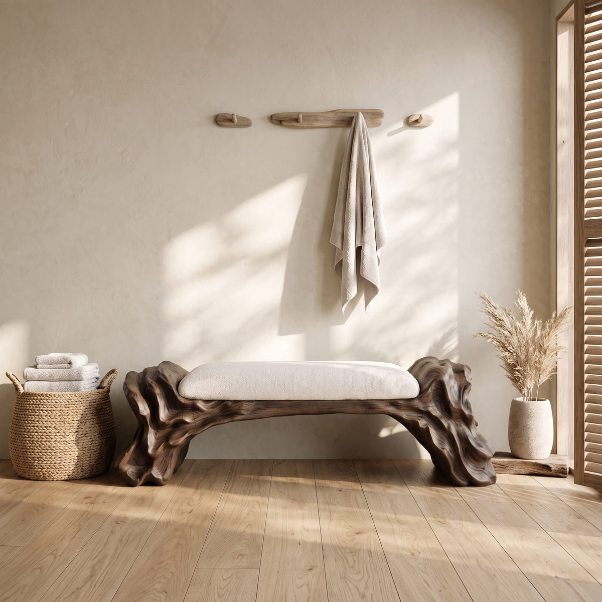 Contemporary Bench with Oyster Inspired Base, solid wood, built to order