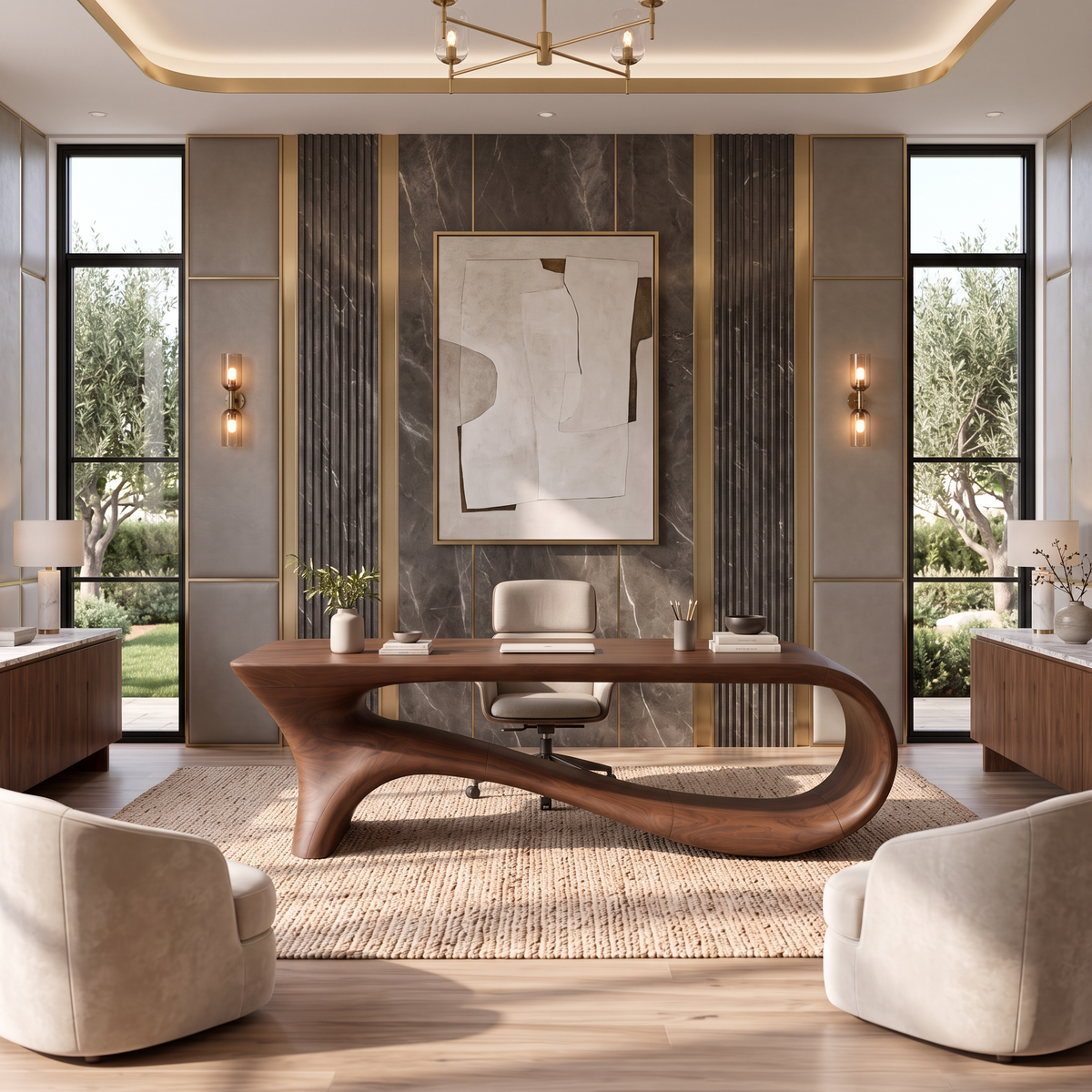 Contemporary Office Desk with Asymmetrical Curved Legs, solid wood, built to order, view 3