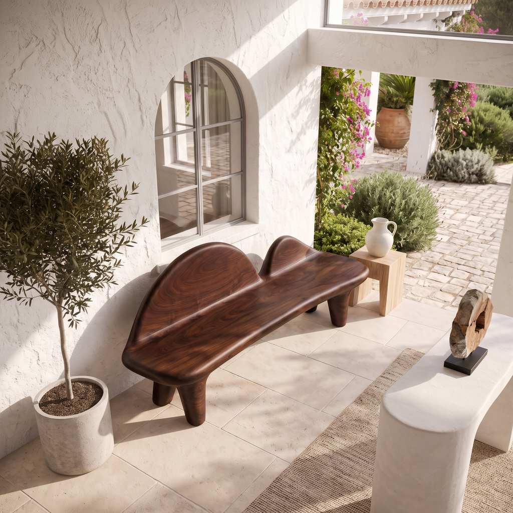 Modern Bench with Sculptural Curved Backrest, solid wood, built to order, view 7