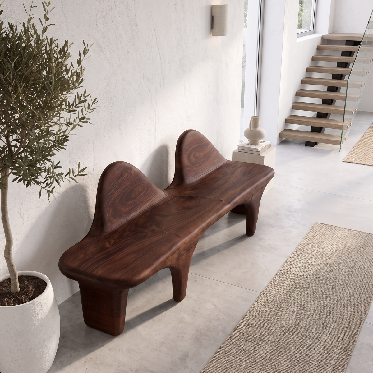 Organic Wooden Bench with Flowing Back Design, solid wood, built to order, view 7