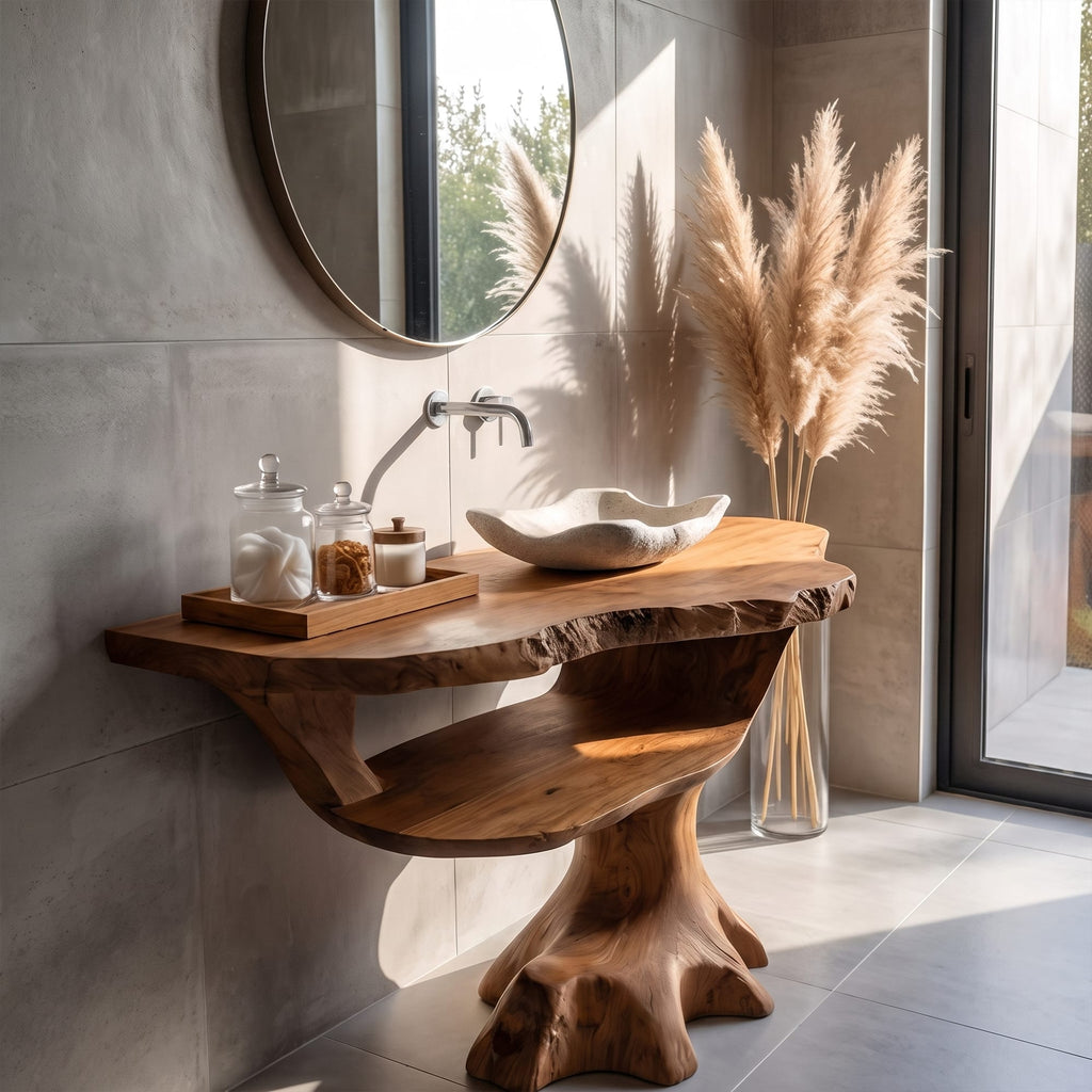 Contemporary Single Bathroom Vanity with Sculptural Branch Support, solid wood, built to order