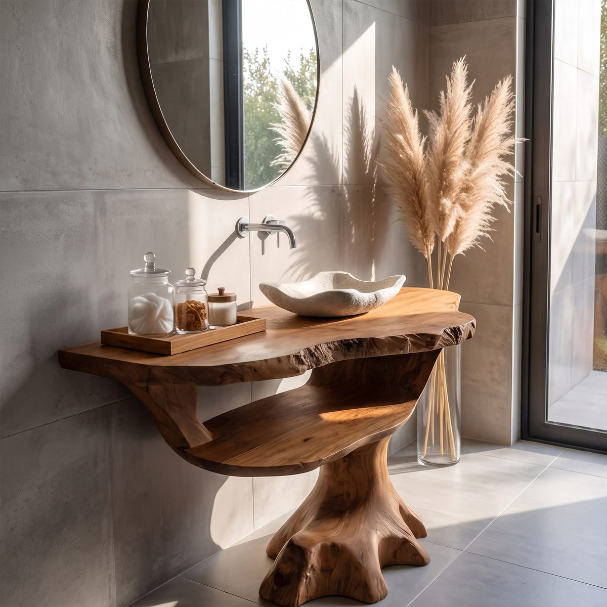 Contemporary Single Bathroom Vanity with Sculptural Branch Support, solid wood, built to order