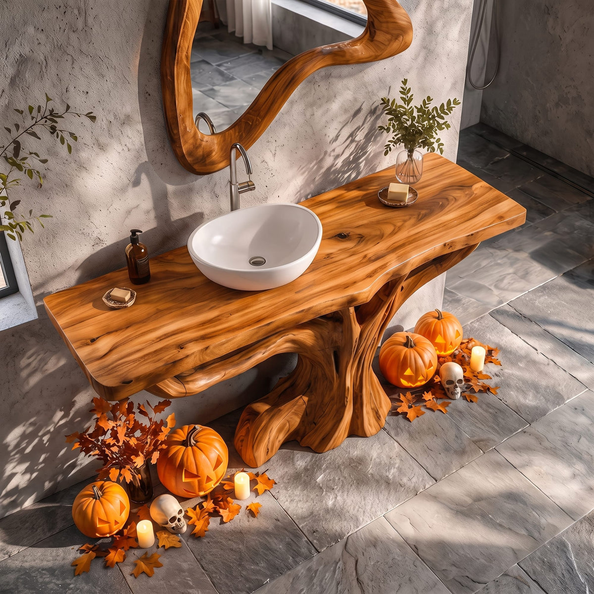 Contemporary Single Bathroom Vanity with Branch Inspired Base, solid wood, built to order