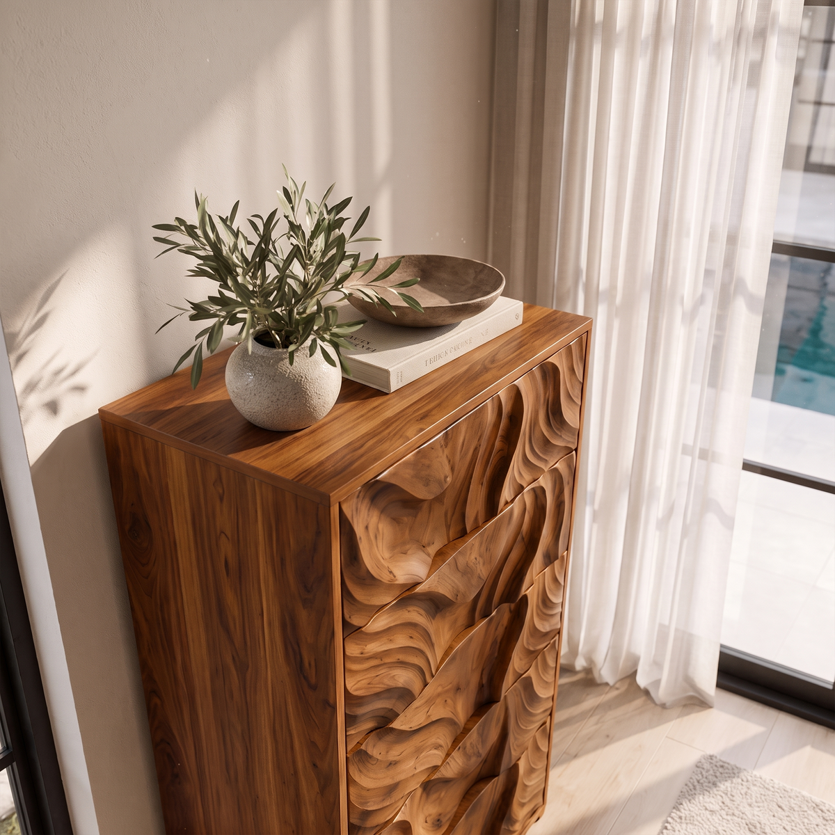 Organic Tall Dresser with Ripple Carved Drawer Fronts, solid wood, built to order, view 2